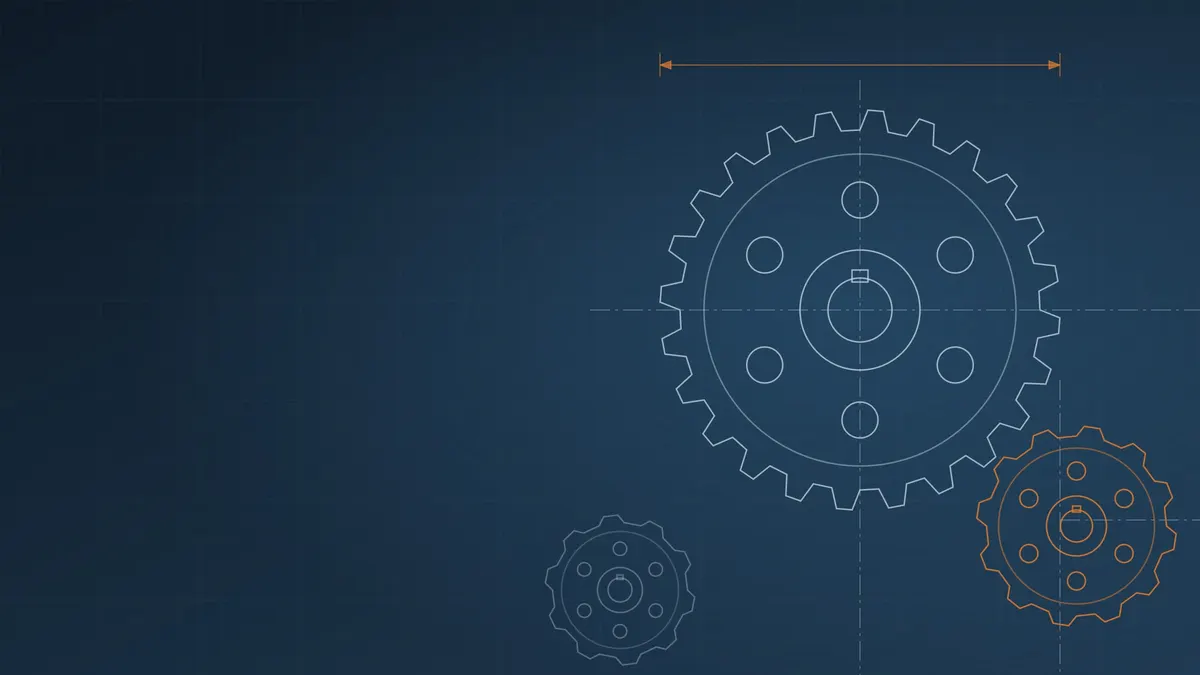 Ilustração em estilo desenho técnico de duas engrenagens engrenadas