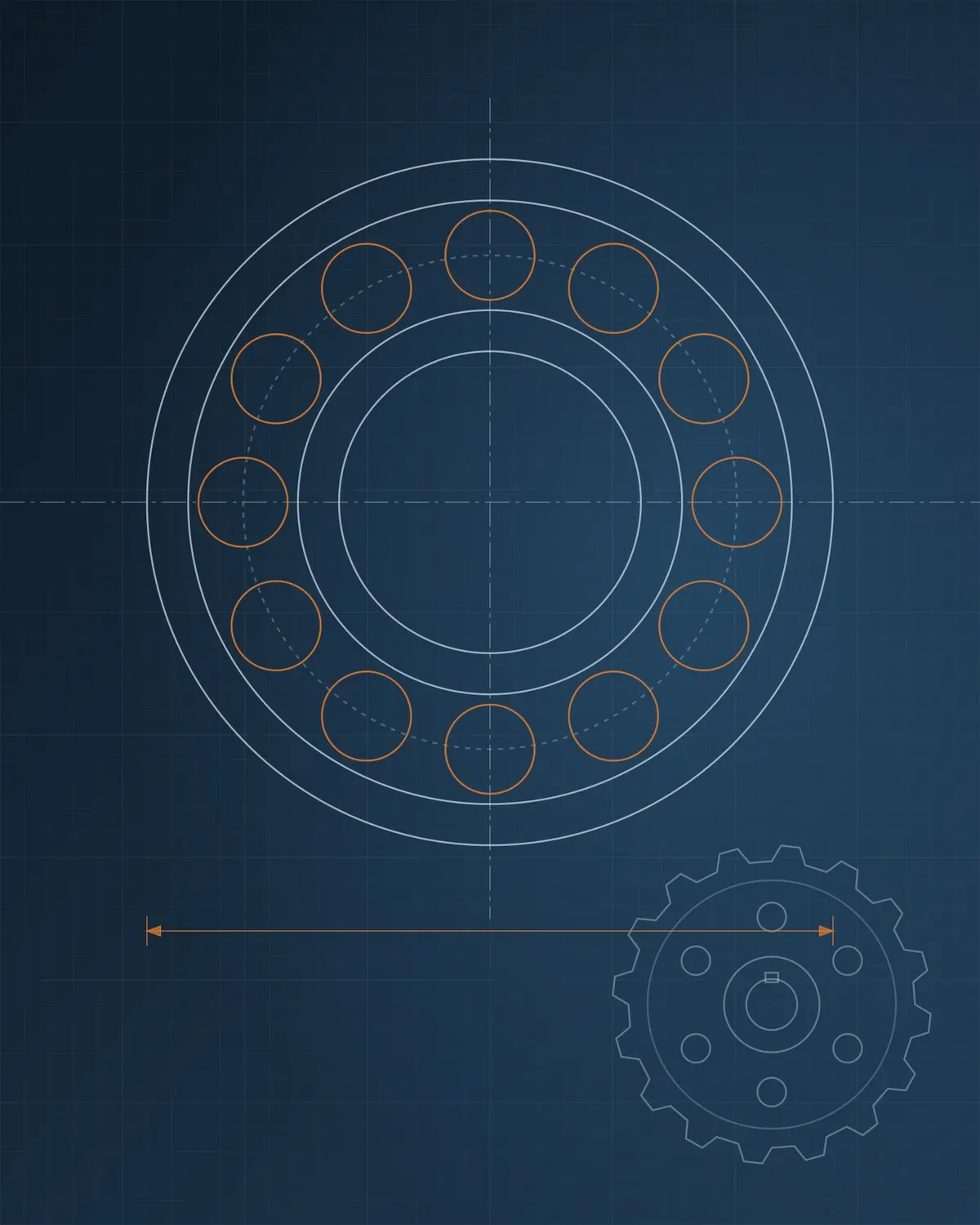 Ilustração em estilo desenho técnico de um rolamento de esferas em corte